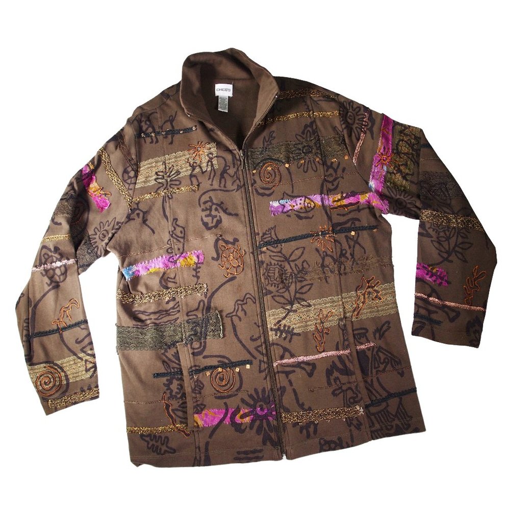 Chico's Ladies Olive Jacket, Size 3, Embellished Lace, Metallic Thread, Graphic